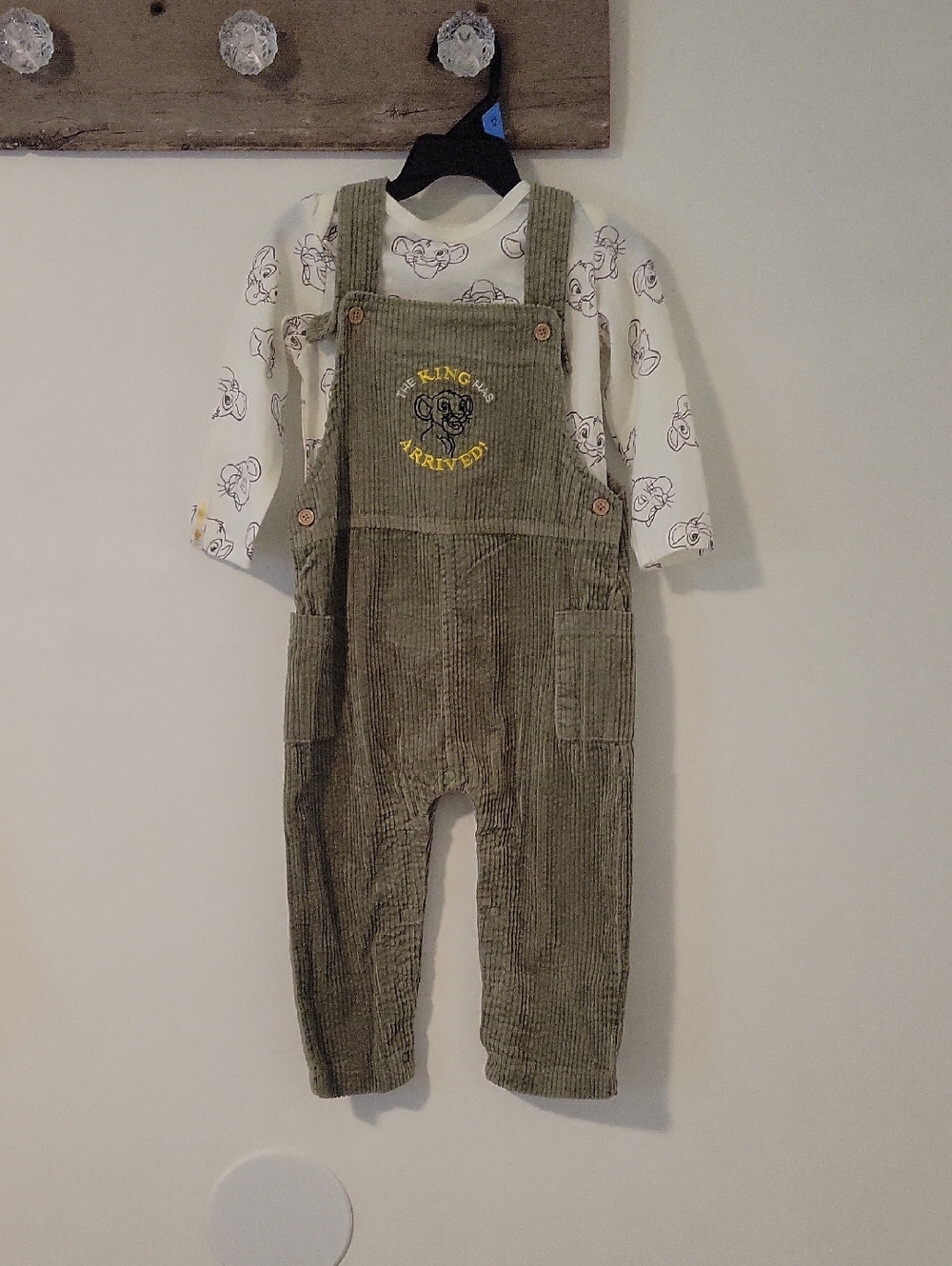 Olive Green Corduroy Baby Overalls with Lion Embroidery Set SZ 24 M